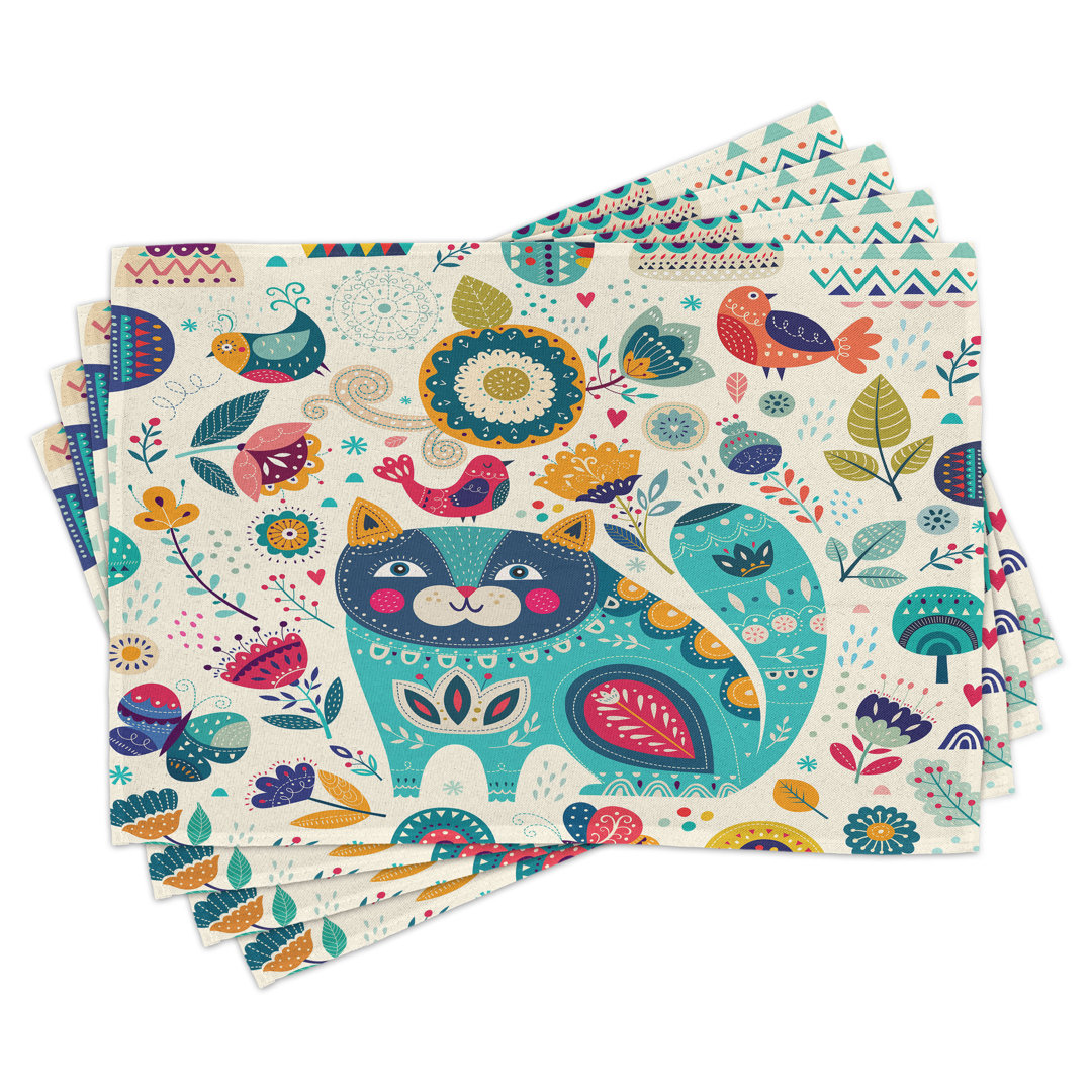 Platzdeckchen 4er-Set, Katze mit Vögeln, Multicolor