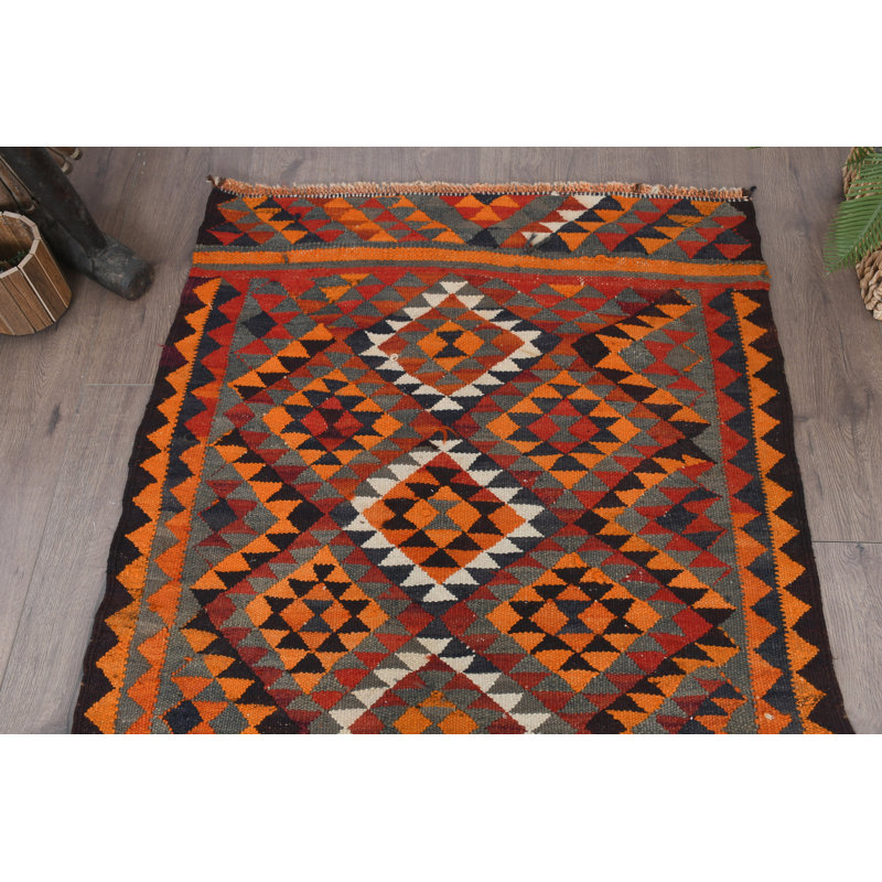 Tapis à motif géométrique en laine orange 35,4 x 111,4 pouces