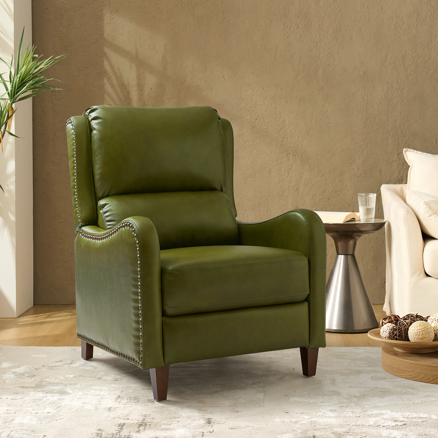 Beecher 29" Genuine Leather Push-Back Recliner, Olive