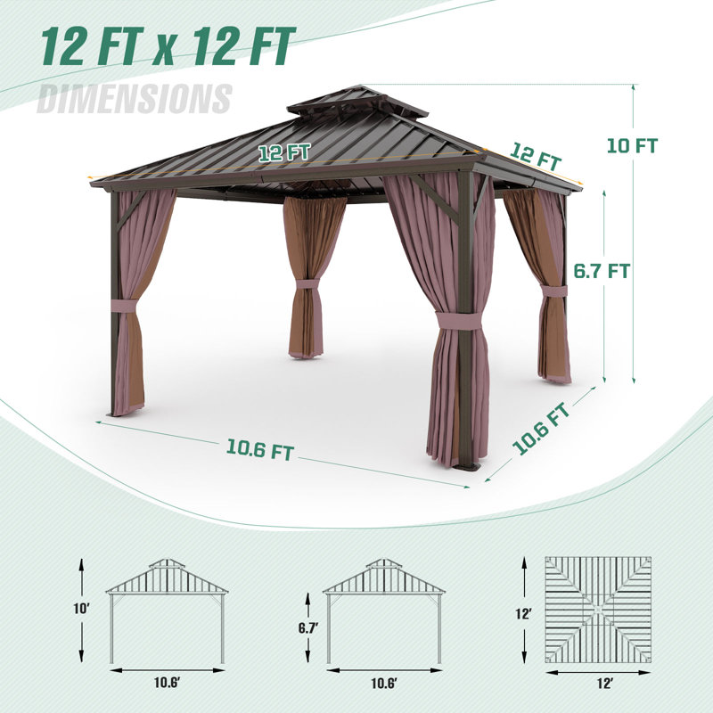 12 ft x 12 ft Brown Metal Patio Gazebo with Curtains