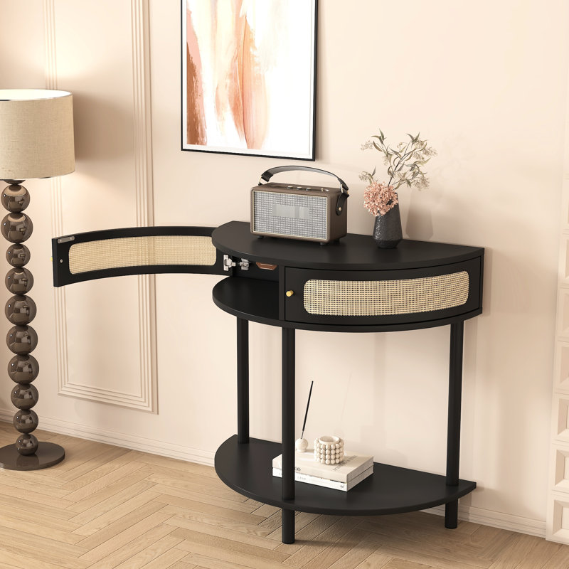 Table d'appoint demi-ronde avec tiroirs de rangement et tablette inférieure, meuble pour espace de vie circulaire