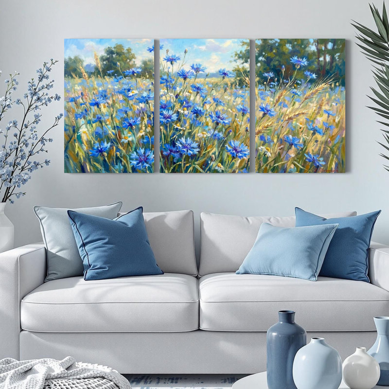 Bleu champ de bleuet, ensemble de 3 reproductions d'art sur toile tendue sur toile tendue pour salon, H 18 po x l 36 po