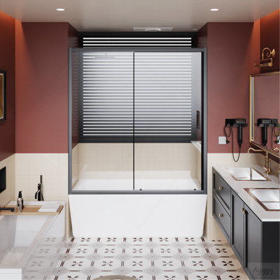 60.in W x 62.in H Single Sliding Shower Door for Bathtub, 1/5 inch Thick Clear Tempered Glass Shower Door with Stainless Steel Handle, Black
