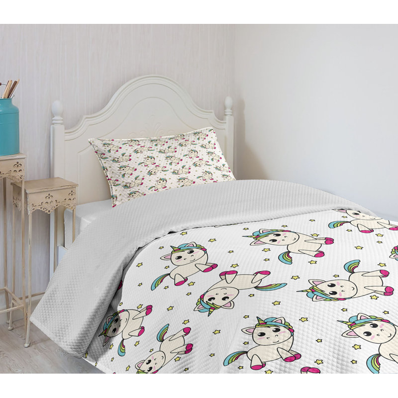 White Quilted Unicorn Twin Bedspread Set with Pillow Sham