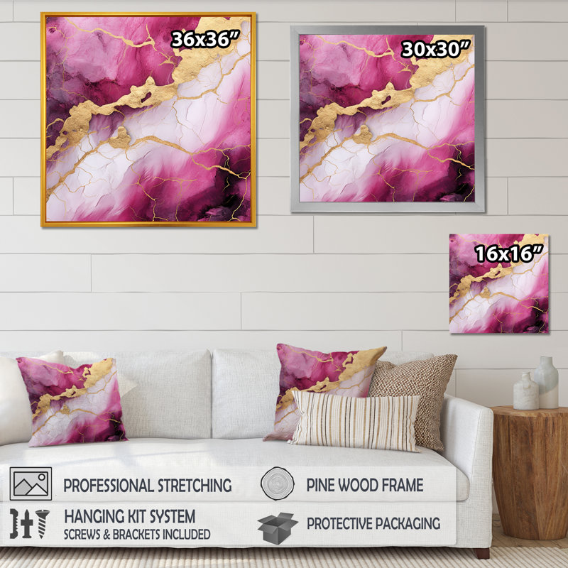 Essence de marbre rose et or II - décoration murale en marbre, Toile tendue, H 16 po x l 16 po x P 1 po