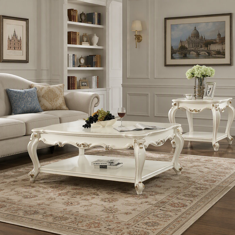 Table basse Antique Pearl avec tablette inférieure et pieds Queen Anne