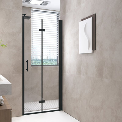 Porte de douche pliante robuste 36 x 72 po - Verre trempé avec film de sécurité, noir mat et joint étanche