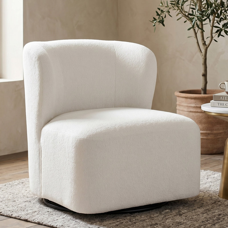 28" Wide Modern Upholstered Wing Back Swivel Barrel Chair, White Chenille