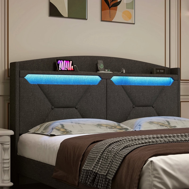 Tête de lit avec rangement, taille Queen et lumières DEL à DEL, Gris