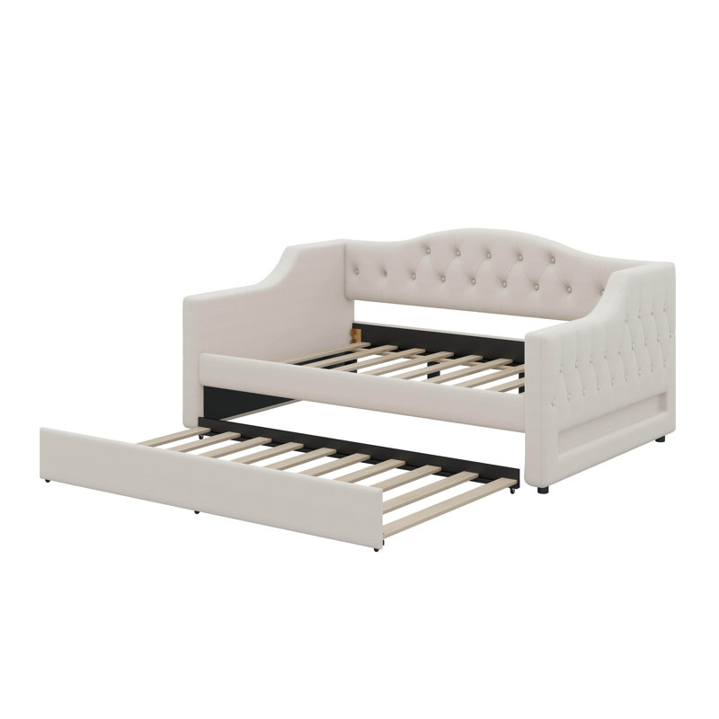 Full XL Size Daybed With LED Belt And Trundle, Beige
