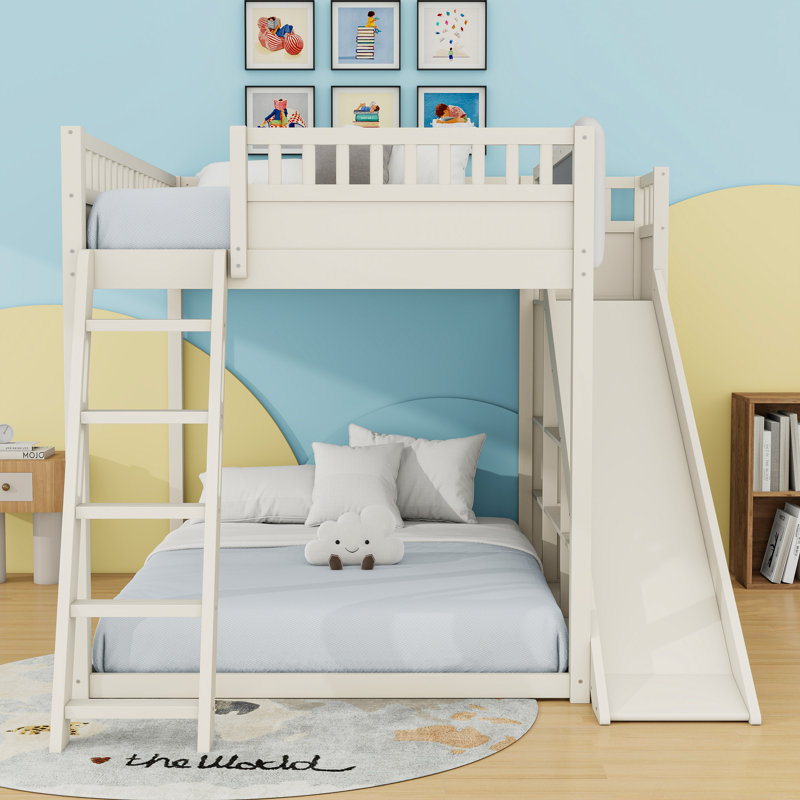 Lit mezzanine avec tablettes de rangement et glissoire, Grand lit, Beige