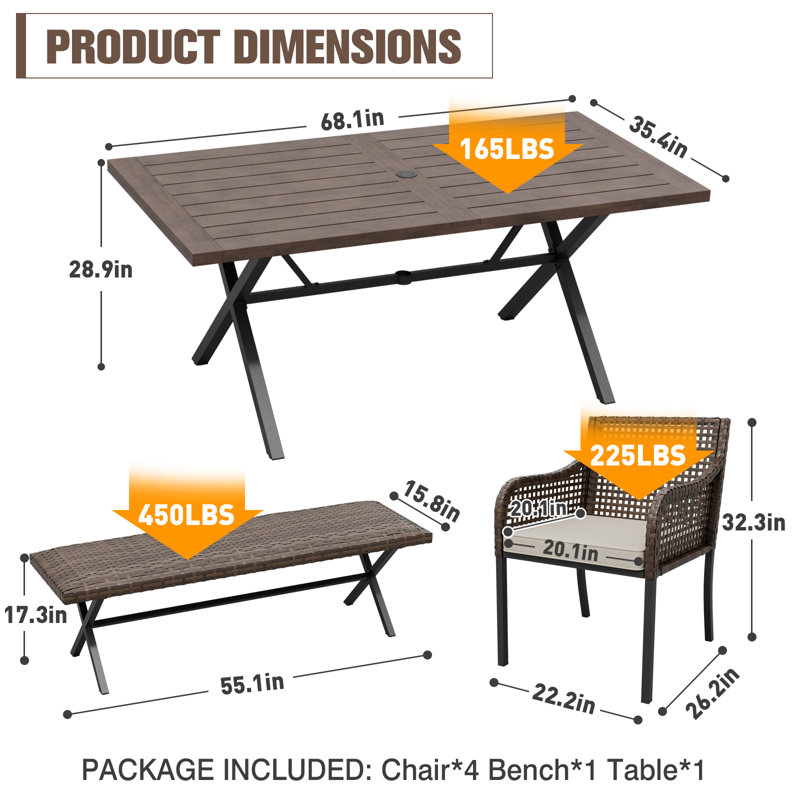 6 Pieces Rectangular Patio Outdoor Dining Sets with Cushion