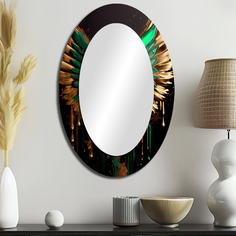 Green And Gold Angel Wings I - Glam Oval Wall Mirror, 36" x 24"