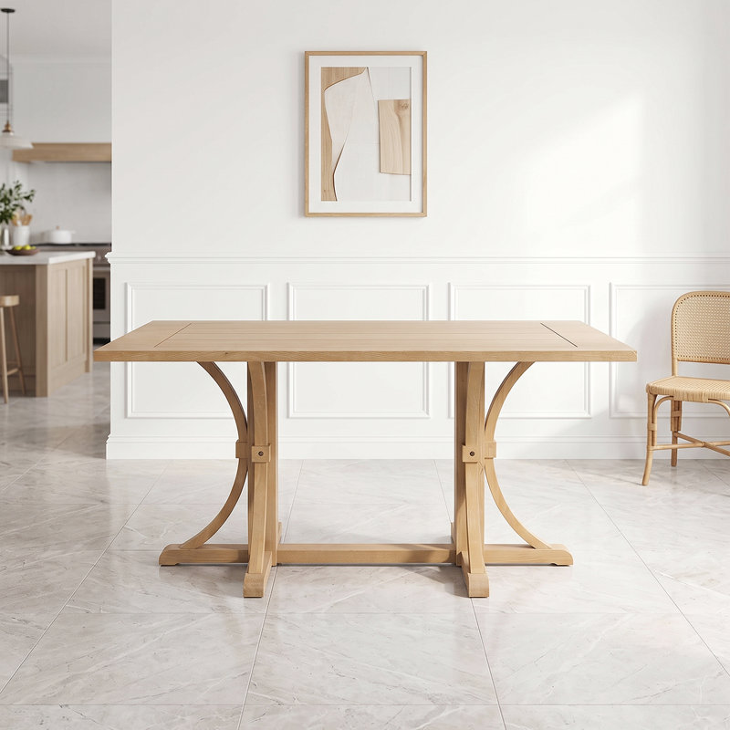 Table de salle à manger rustique en bois massif 60 po pour 6 personnes avec base à tréteaux et finition chêne, Beige