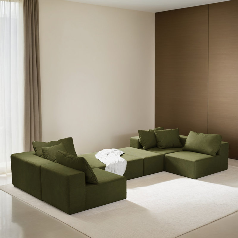 132" Wide Modular L-Shaped Sleeper Sectional Sofa Bed, Green Chenille