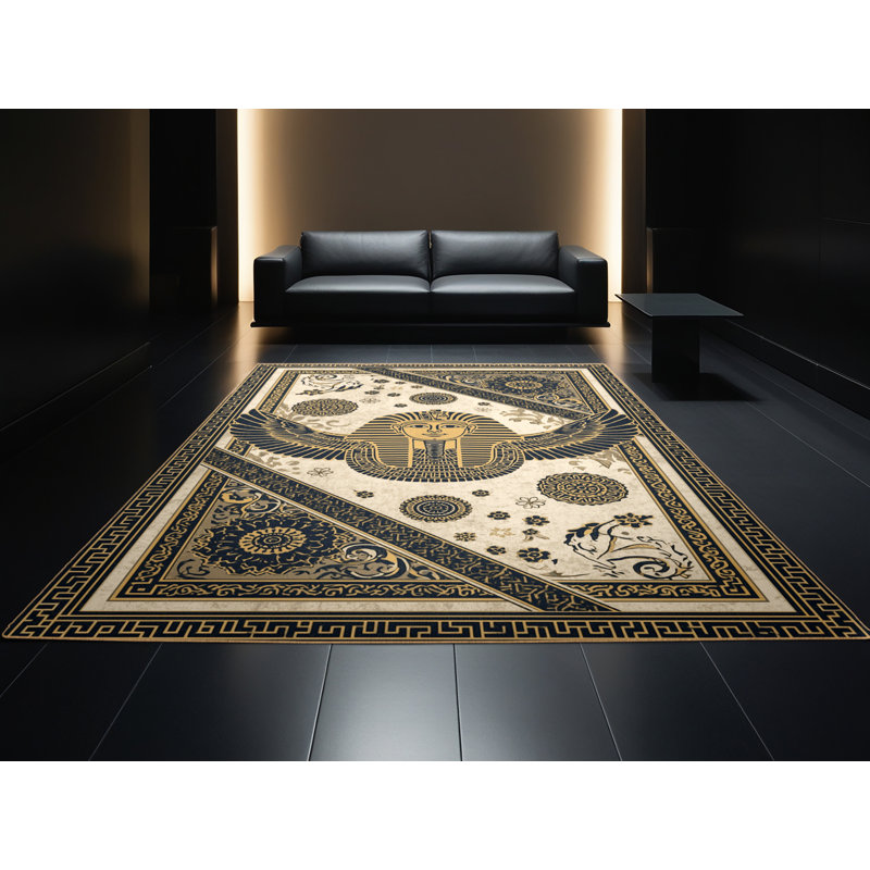 Tapis oriental orné de symboles symboliques lavables à la machine Elida Pharaoh - noir, 7 x 10