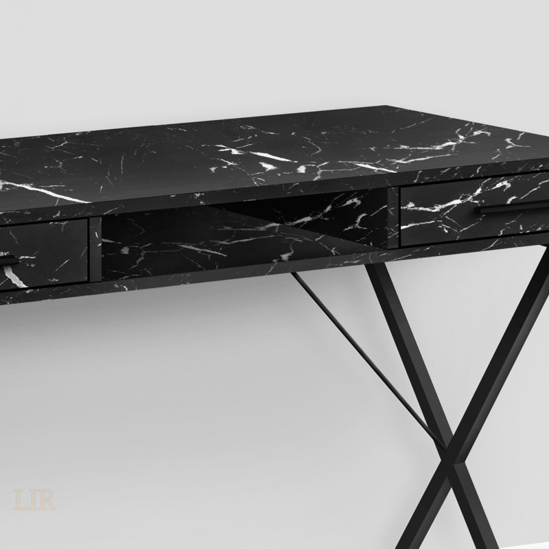 Contemporary Black Marble Look Computer Desk With Storage, Ideal For Home Office And Small Spaces