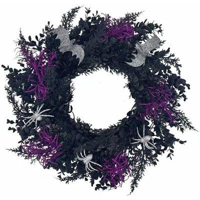 Halloween Wreath for Front Door with Silver Spiders and Bats, Purple Foliage Creepy Wreath, Spooky Hanging Decor for Indoor Outdoor Haunted House, Party and Seasonal Decorations