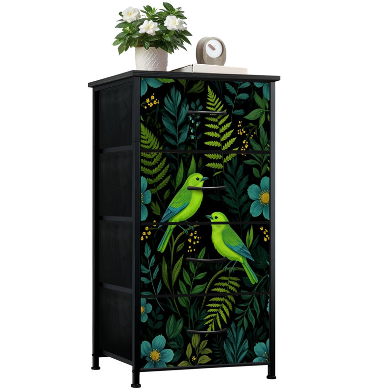 Commode pour la chambre à coucher avec 4 tiroirs de rangement Oiseaux verts, feuilles de fougère, feuilles, fleurs bleues, commode botanique foncée, commode en acier avec cadre en placard