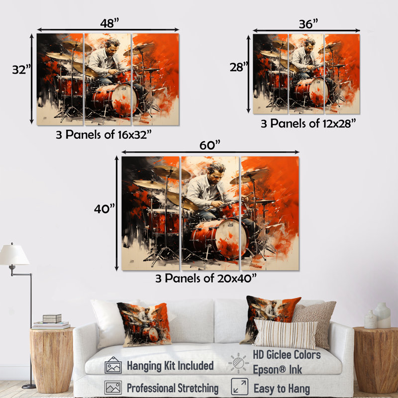 Deep Red Drum Beat, peinture I - musique, art mural, Toile tendue, H 32 po x l 48 po