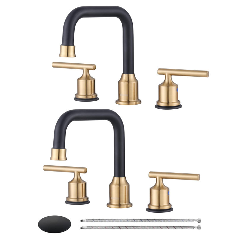 8 Inch Widespread Bathroom Sink Faucet 3 Hole with Pop-up Drain and Supply Lines (2 Pack), Black/Gold
