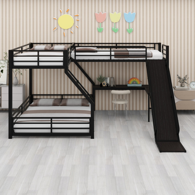 L-Shaped Bunk Bed With Loft Bed, Metal Triple Bunk Bed With Slide And USB Ports, Twin XL Over Queen