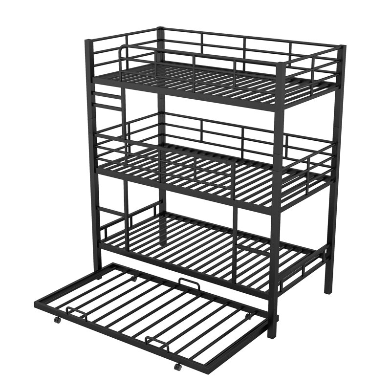 Metal Twin Triple Bunk Bed With Trundle, Black
