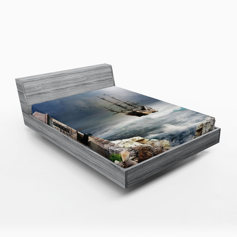 Ensemble de 2 draps-housse Ambesonne Ocean Pirate Merchant Ship Pale Muave Beige, Drap-housse très grand californien