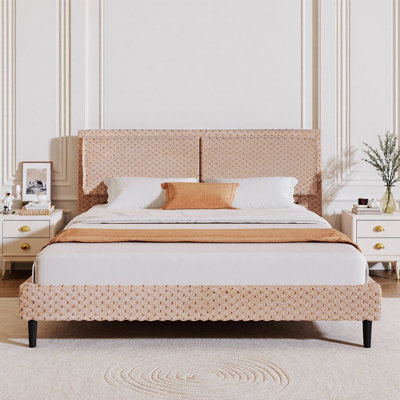 Camel Plush Upholstered Bed with Comfort Backrest | Modern Simple Platform Frame, Skin-Friendly Fabric & Rounded Safety Edges for Cozy Bedroom