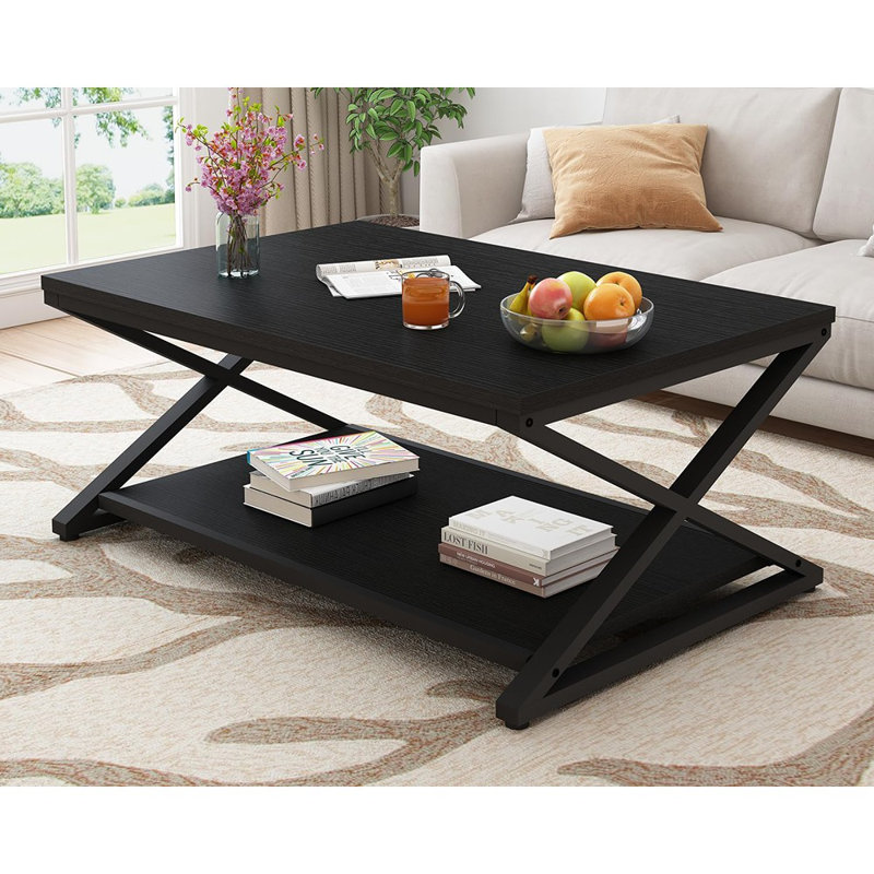 Table basse avec rangement, table centrale rectangulaire rustique à 2 niveaux de style rustique rustique de 39 pouces pour le salon, le bureau ou la chambre à coucher, style minimaliste moderne