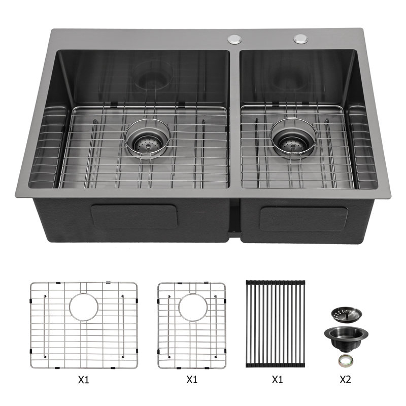 Évier de cuisine à double cuve à montage sur plan - Évier de cuisine à double cuve en acier inoxydable de calibre 16 avec deux cuves profondes de 10 po x 33 po x 22 po x 10 po (60/40)