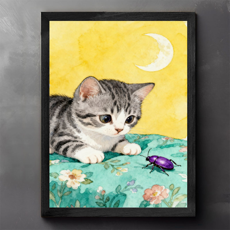 Art mural encadré noir avec chatons et insectes rétro, H 11 po x l 9 po