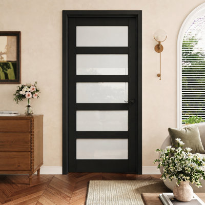 Porte prémontée noire 5 carreaux 91 x 203 cm (36 po x 80 po), porte intérieure prémontée en verre dépoli avec charnières noires, vitrage opaque avec cadre noir, insonorisée et imperméable, convient pour la buanderie, la salle de bain, la cuisine, les placards et les chambres, ouverture à gauche