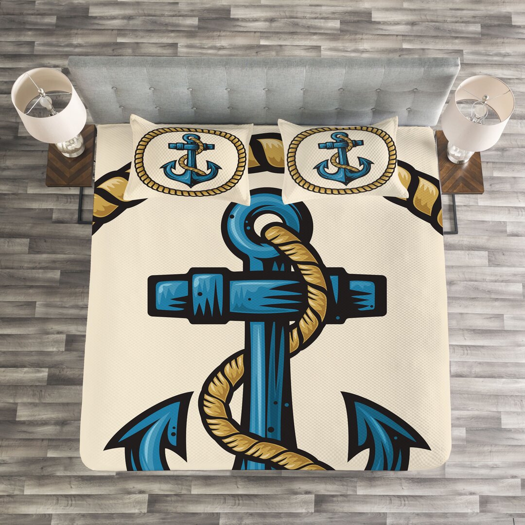 Gestepptes Bettdecken-Set, Sailor Emblem mit Seil, Anker, Blasser Kaffee Creme Blau