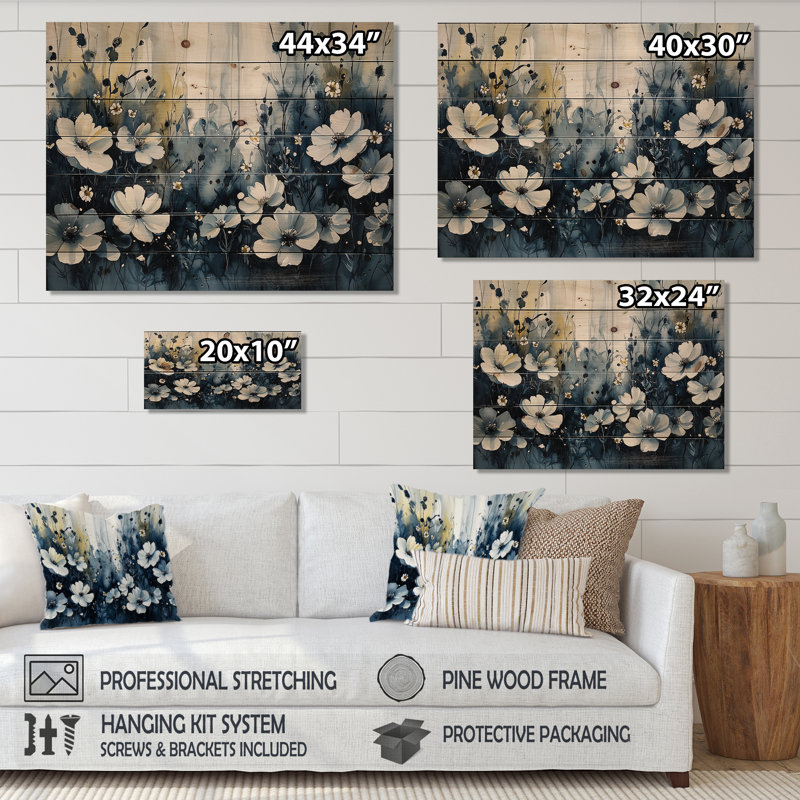 Midnight Violet Flowers In Fields II - Violets Wood, art mural - sur bois de pin naturel, H 10 po x l 20 po x P 0,78 po