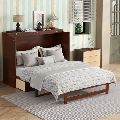 Queen Size Murphy Bed, Pine Wood Cabinet Bed With Rattan Decoration And Storage Drawer by Ebern Designs