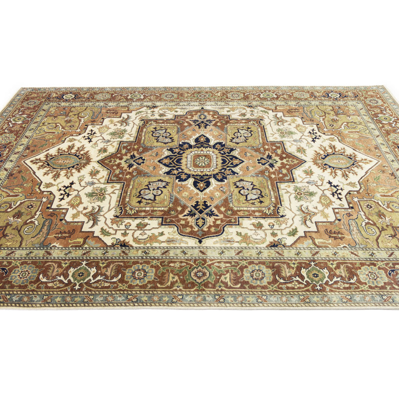 Oriental Handmade Hand-Knotted Rectangle 9'9" x 13'9" Wool Area Rug in Blue/Red/Cream