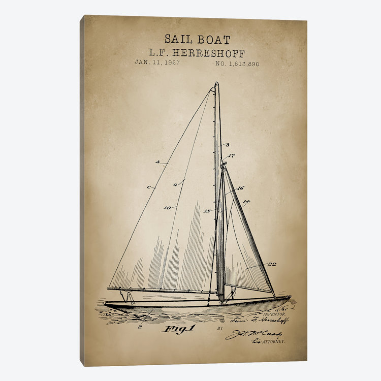 «Nautical, Sailboat», impression sur toile, H 18 po x l 12 po x P 1,5 po, Pas de tapis, Toile tendue