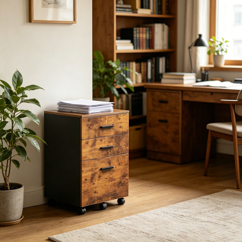 Classeur 3 tiroirs, classeur sous le bureau en bois, support d'imprimante avec roulettes pour bureau personnel, Brun