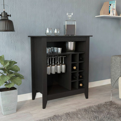 Armoire de bar Essential, une tablette ouverte, six supports à vin intégrés, un tiroir - noir