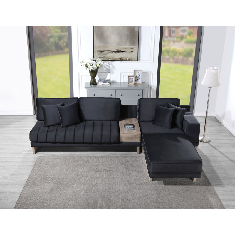 Modern Reversible Sectional: Velvet, Storage, Charging, 4 Seats Luxury Sectional With Storage Drawer, , And Velvet Upholstery
