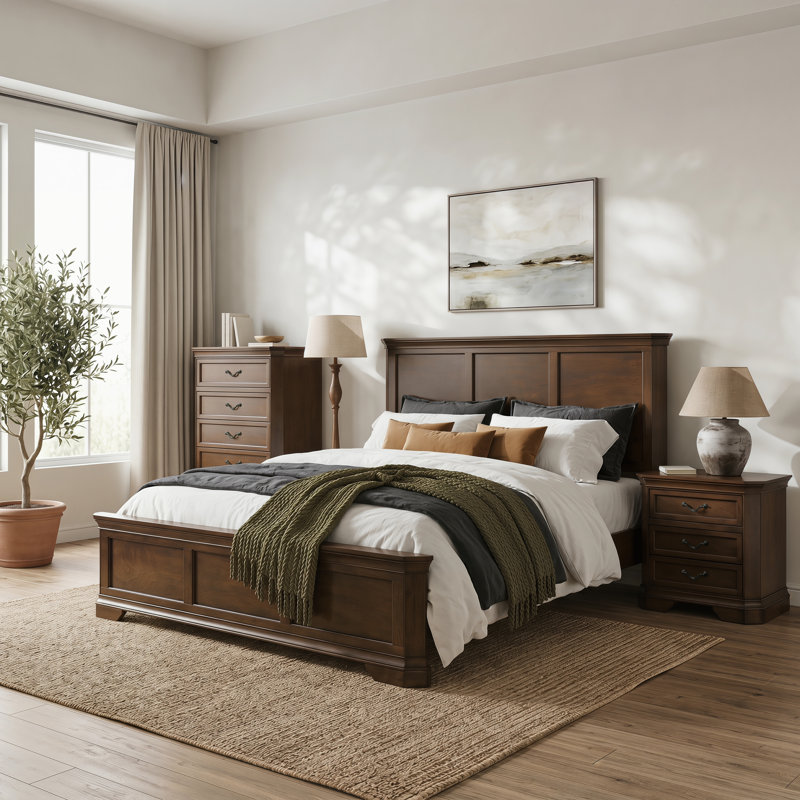 Ensemble de meubles de chambre à coucher grand format 4 pièces Ailany, lit à panneau en bois, commode, table de chevet et commode, finition noyer antique