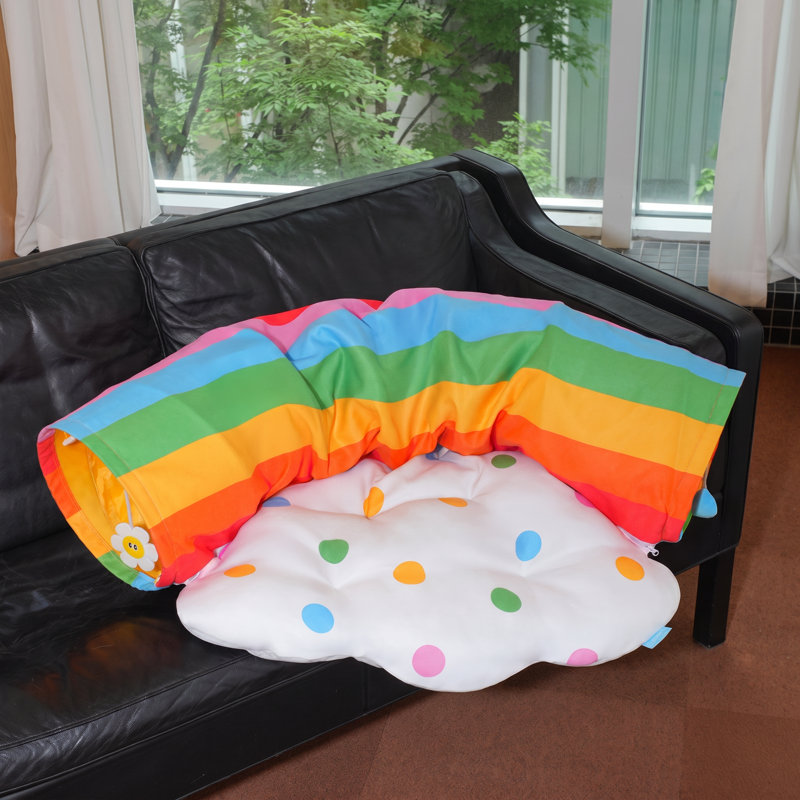 Tunnel de jeu pliable 2 en 1 pour chat arc-en-ciel avec coussin nuage, herbe à chat, papier froissé et balles suspendues