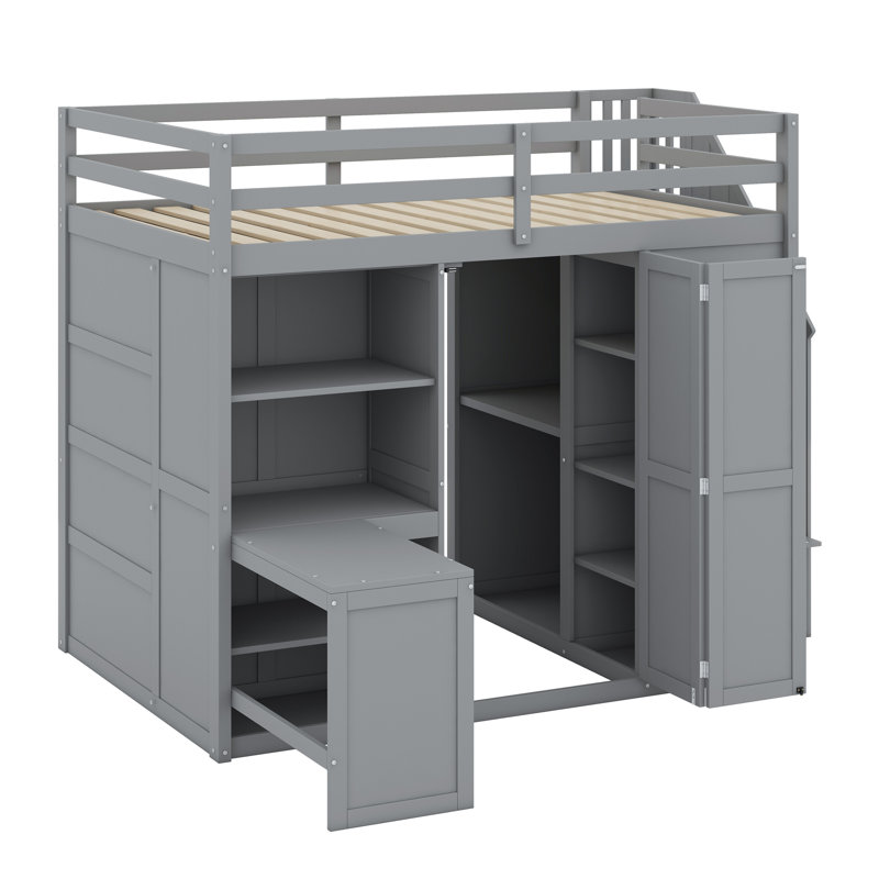 Lit mezzanine avec garde-robe, bureau et tablettes, Gris