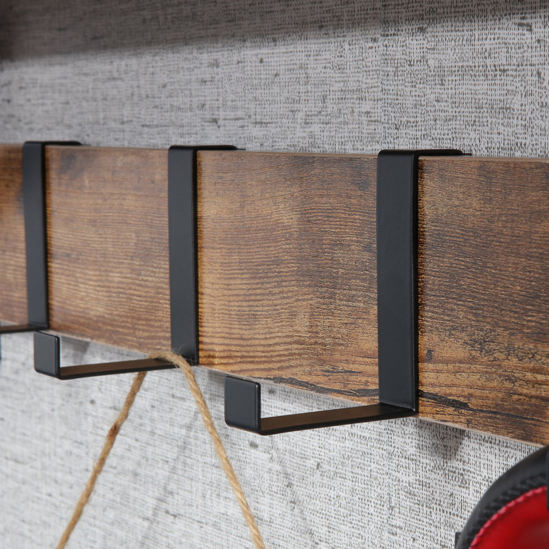 Ciardi Floating Shelf with Hooks - Wall Mounted Storage Shelf, Space Saving Organizer, Rustic Brown/Black, 1