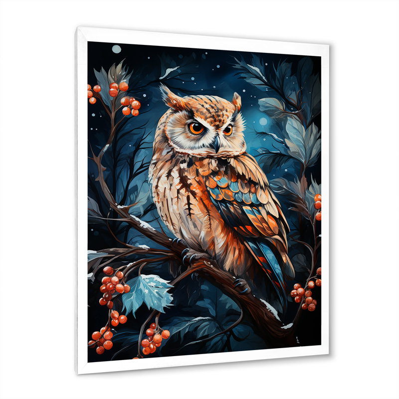 «Starry Night Owl Guardian I», art mural hibou, Cadre simple blanc, H 32 po x l 24 po x P 1 po