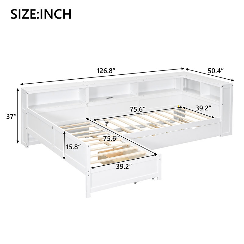 Lit plateforme simple en L en bois avec lit gigogne, tiroir de rangement et tablettes, station de charge, blanc, Blanc