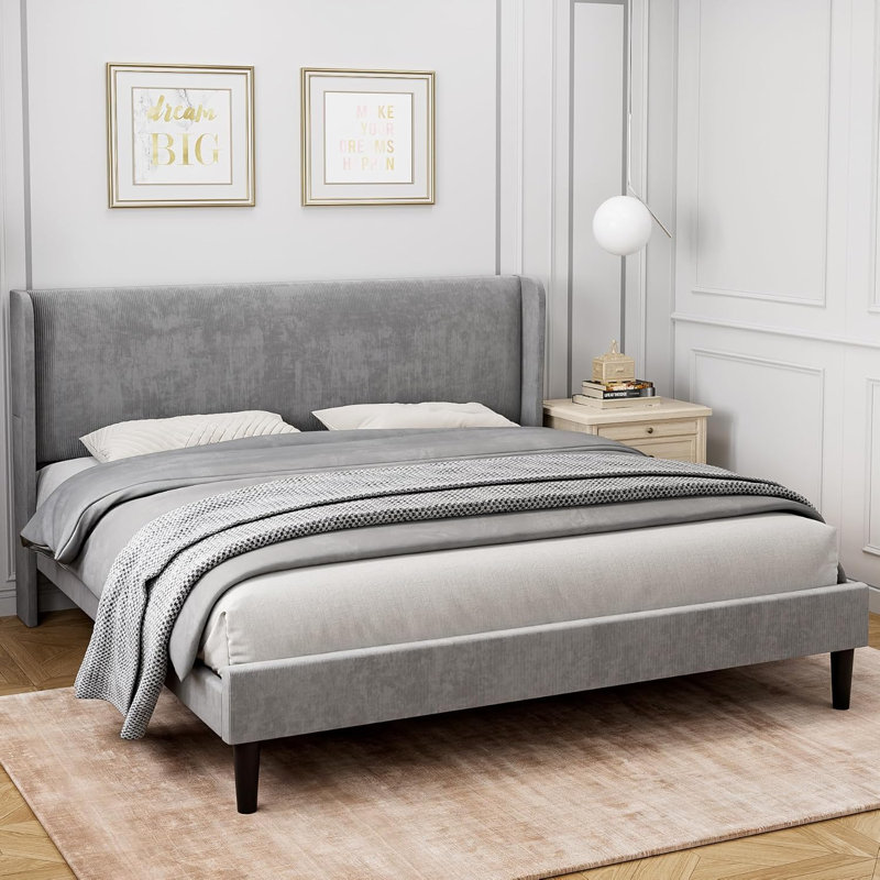 Structure de lit plateforme avec tête de lit tapissier à oreilles, aucun sommier tapissier requis, Lit double, Gris foncé