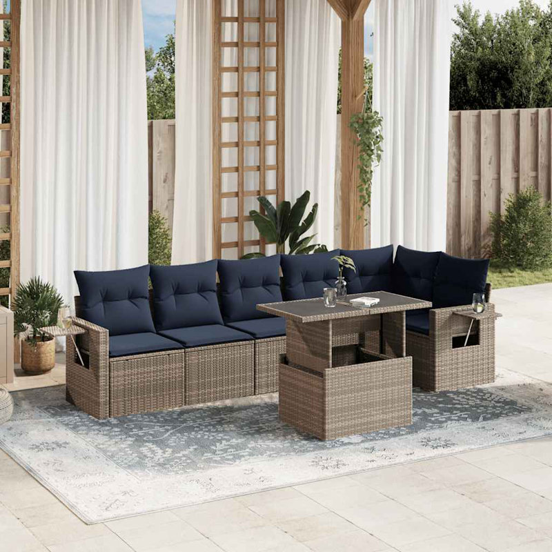 Ensemble de canapé de patio 7 pièces avec coussins en rotin de polyester, Gris, Marine