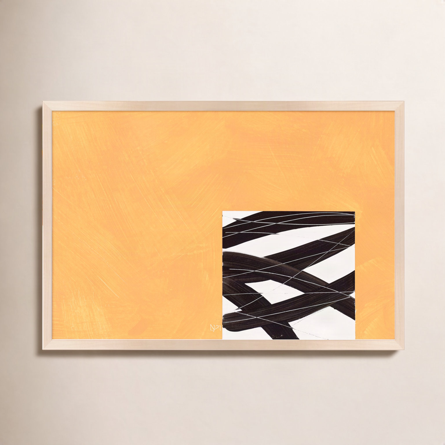 Composition With Yellow 2 by Robert Kamnatnik, 26.5" H x 38" W x 1.38" D, Silver Framed Canvas